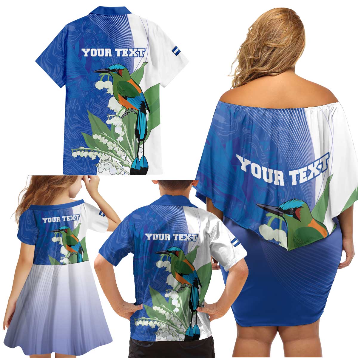 Personalized El Salvador Turquoise Browed Motmot Family Matching Off Shoulder Short Dress and Hawaiian Shirt With Yucca Flowers - Wonder Print Shop