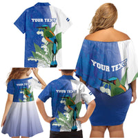 Personalized El Salvador Turquoise Browed Motmot Family Matching Off Shoulder Short Dress and Hawaiian Shirt With Yucca Flowers - Wonder Print Shop