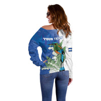 Personalized El Salvador Turquoise Browed Motmot Off Shoulder Sweater With Yucca Flowers - Wonder Print Shop