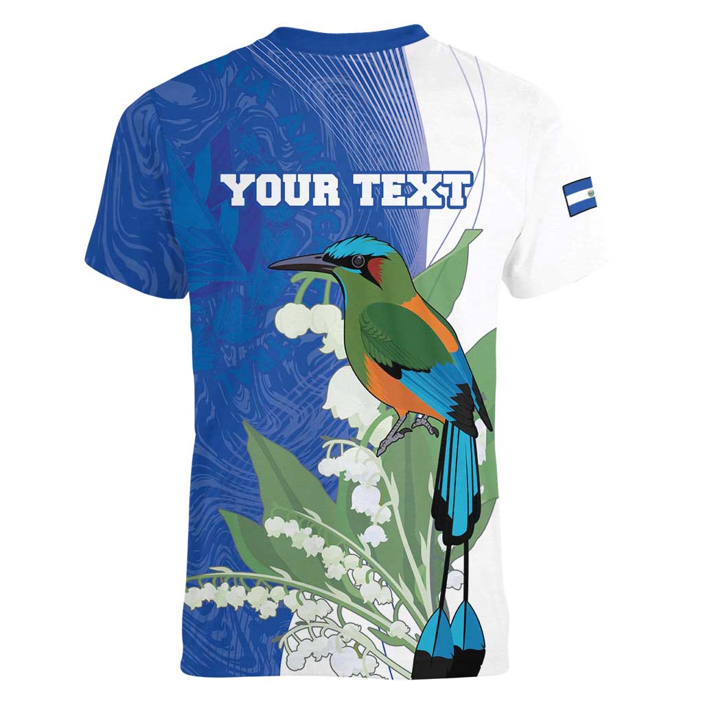Personalized El Salvador Turquoise Browed Motmot Women V-Neck T-Shirt With Yucca Flowers - Wonder Print Shop