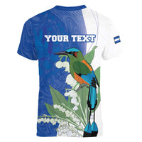 Personalized El Salvador Turquoise Browed Motmot Women V-Neck T-Shirt With Yucca Flowers - Wonder Print Shop