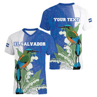 Personalized El Salvador Turquoise Browed Motmot Women V-Neck T-Shirt With Yucca Flowers - Wonder Print Shop