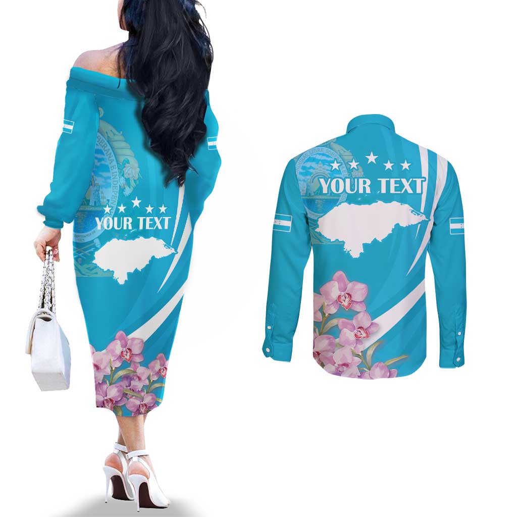 Personalized Honduras Independence Day Couples Matching Off The Shoulder Long Sleeve Dress and Long Sleeve Button Shirt With White Tailed Deer