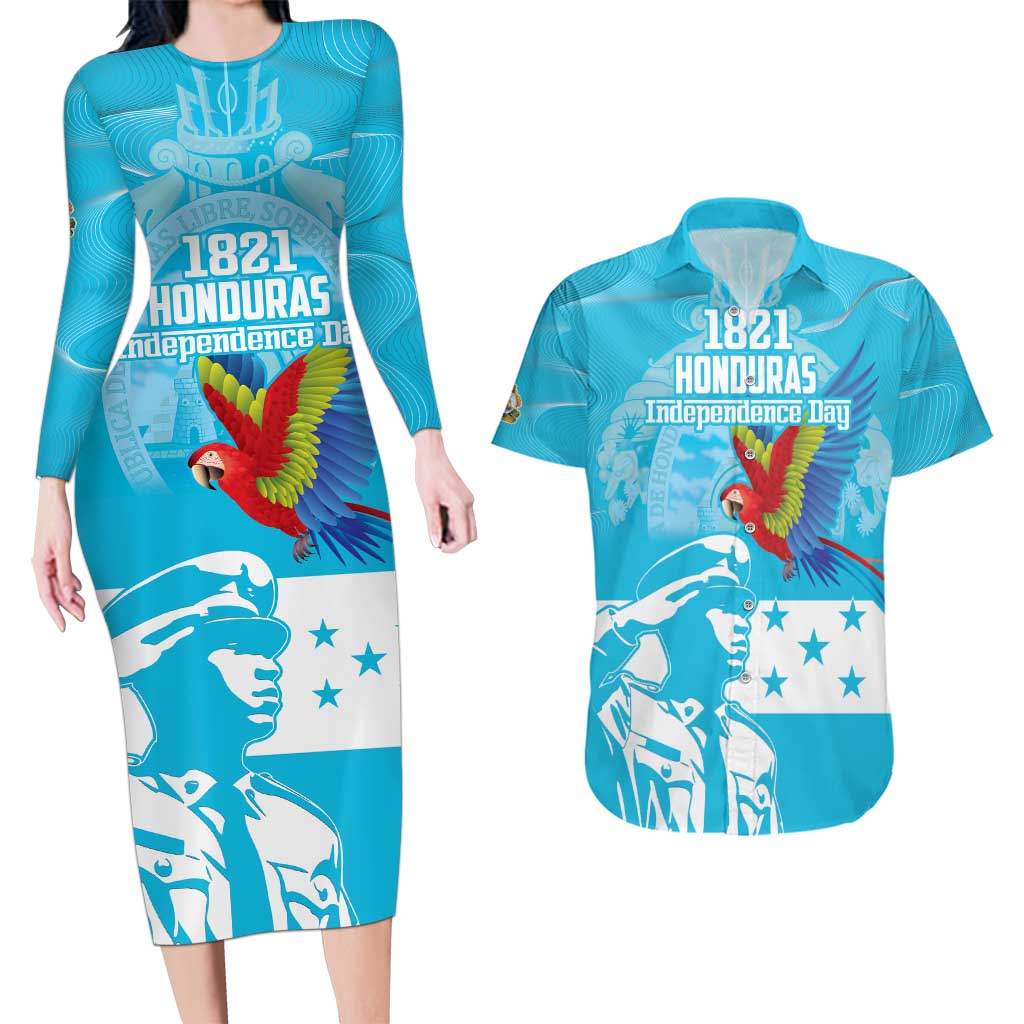 Personalized Honduras Scarlet Macaw Couples Matching Long Sleeve Bodycon Dress and Hawaiian Shirt Happy Independence Day 1821 - Wonder Print Shop