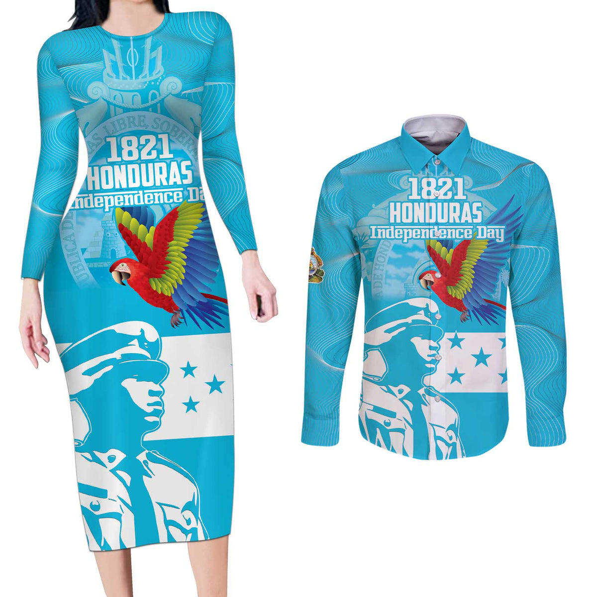 Personalized Honduras Scarlet Macaw Couples Matching Long Sleeve Bodycon Dress and Long Sleeve Button Shirt Happy Independence Day 1821 - Wonder Print Shop