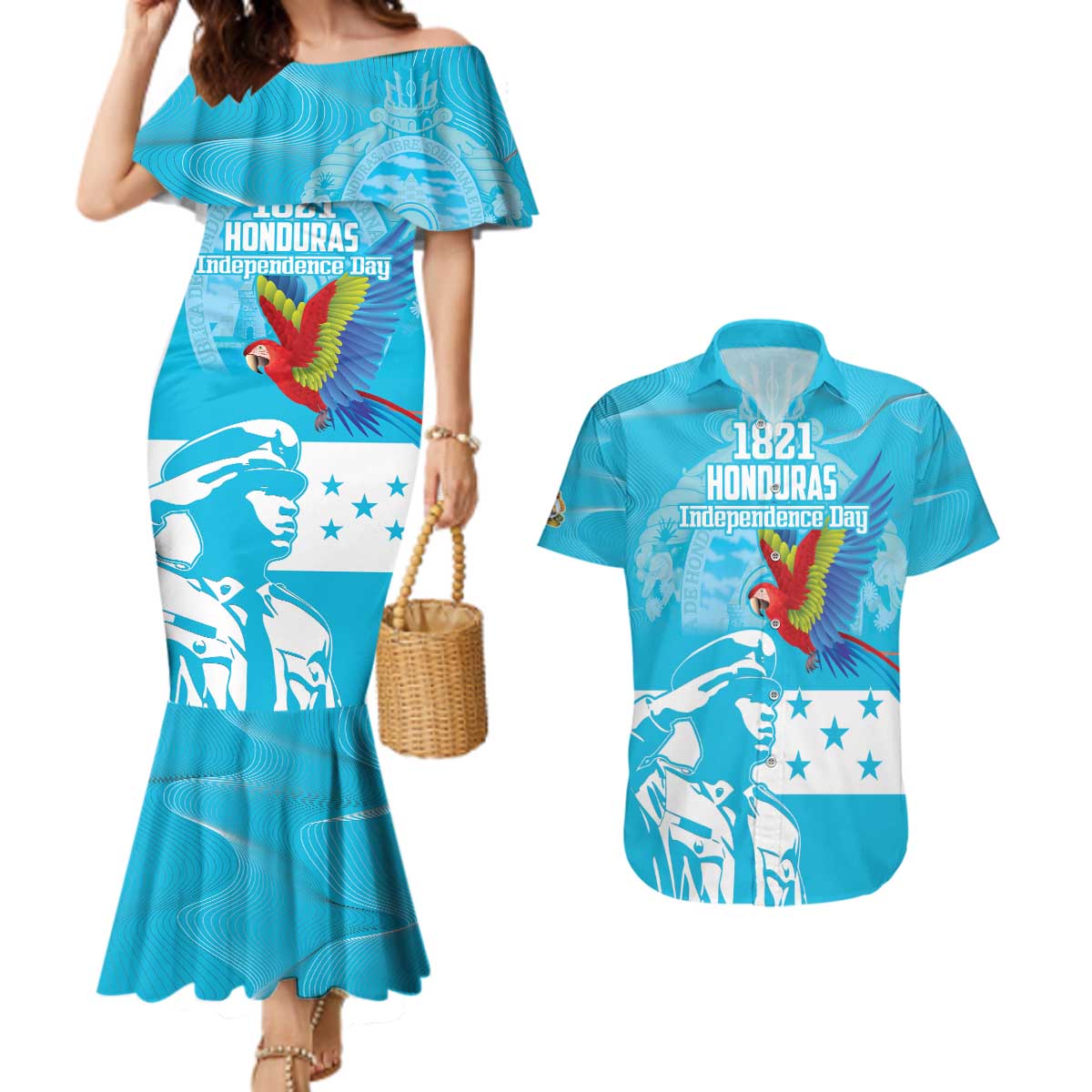 Personalized Honduras Scarlet Macaw Couples Matching Mermaid Dress and Hawaiian Shirt Happy Independence Day 1821 - Wonder Print Shop