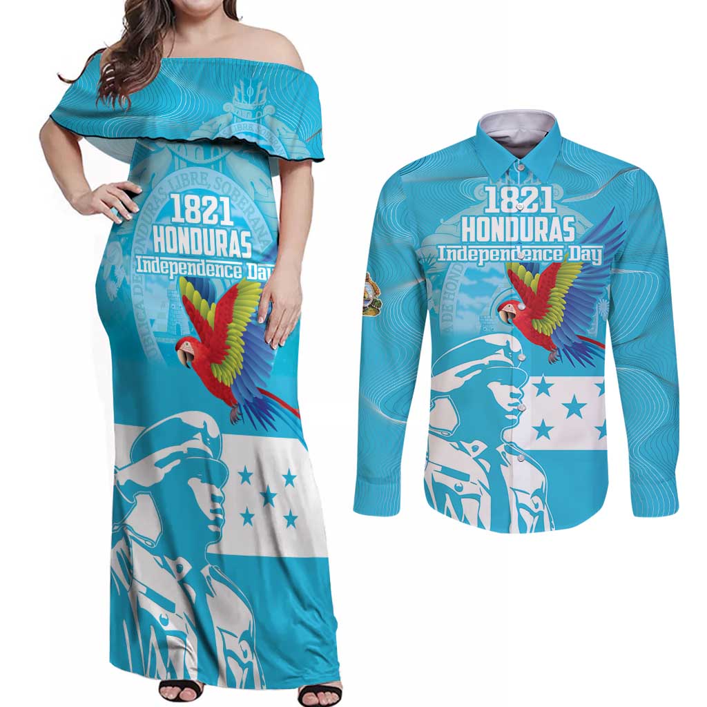 Personalized Honduras Scarlet Macaw Couples Matching Off Shoulder Maxi Dress and Long Sleeve Button Shirt Happy Independence Day 1821 - Wonder Print Shop