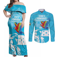 Personalized Honduras Scarlet Macaw Couples Matching Off Shoulder Maxi Dress and Long Sleeve Button Shirt Happy Independence Day 1821 - Wonder Print Shop