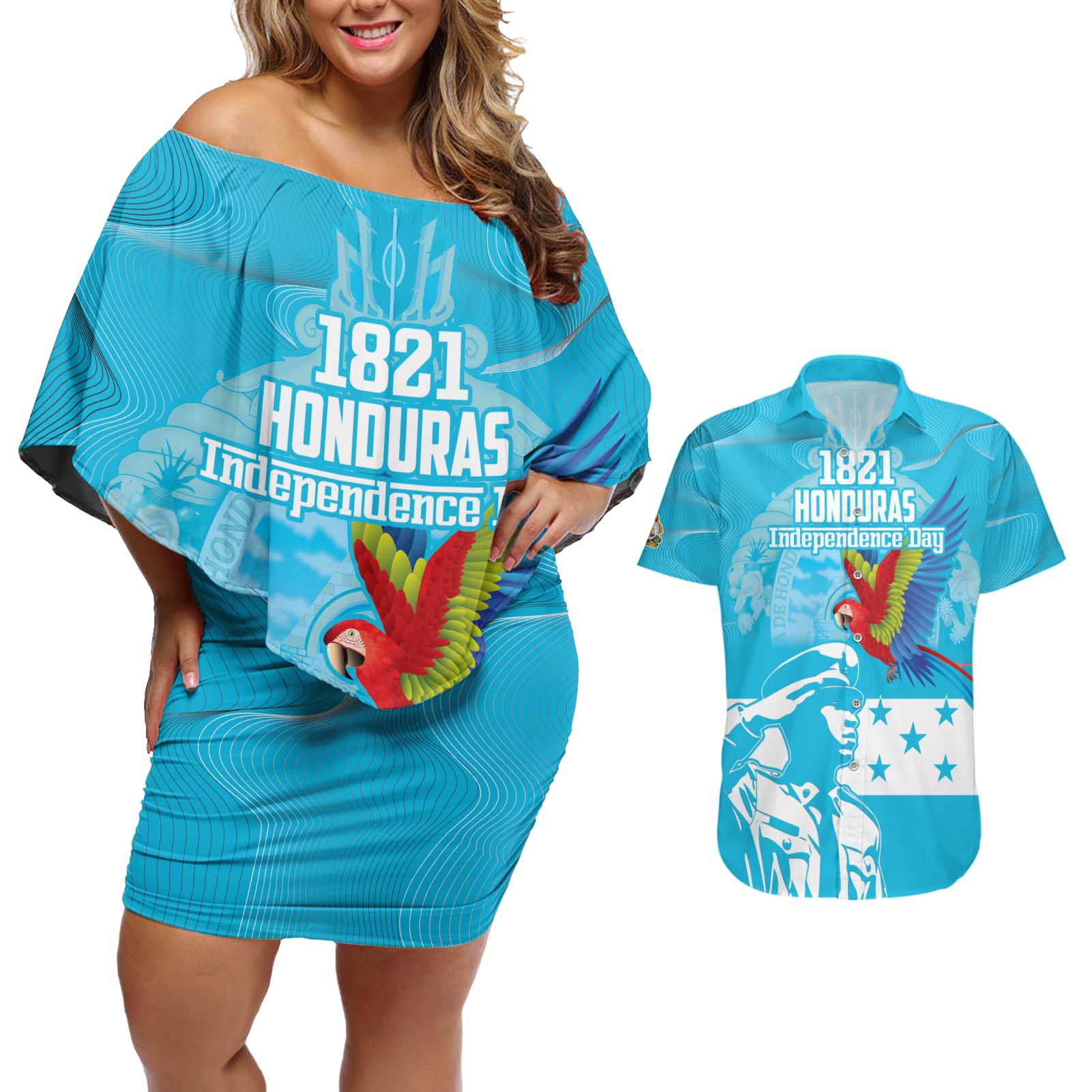Personalized Honduras Scarlet Macaw Couples Matching Off Shoulder Short Dress and Hawaiian Shirt Happy Independence Day 1821 - Wonder Print Shop