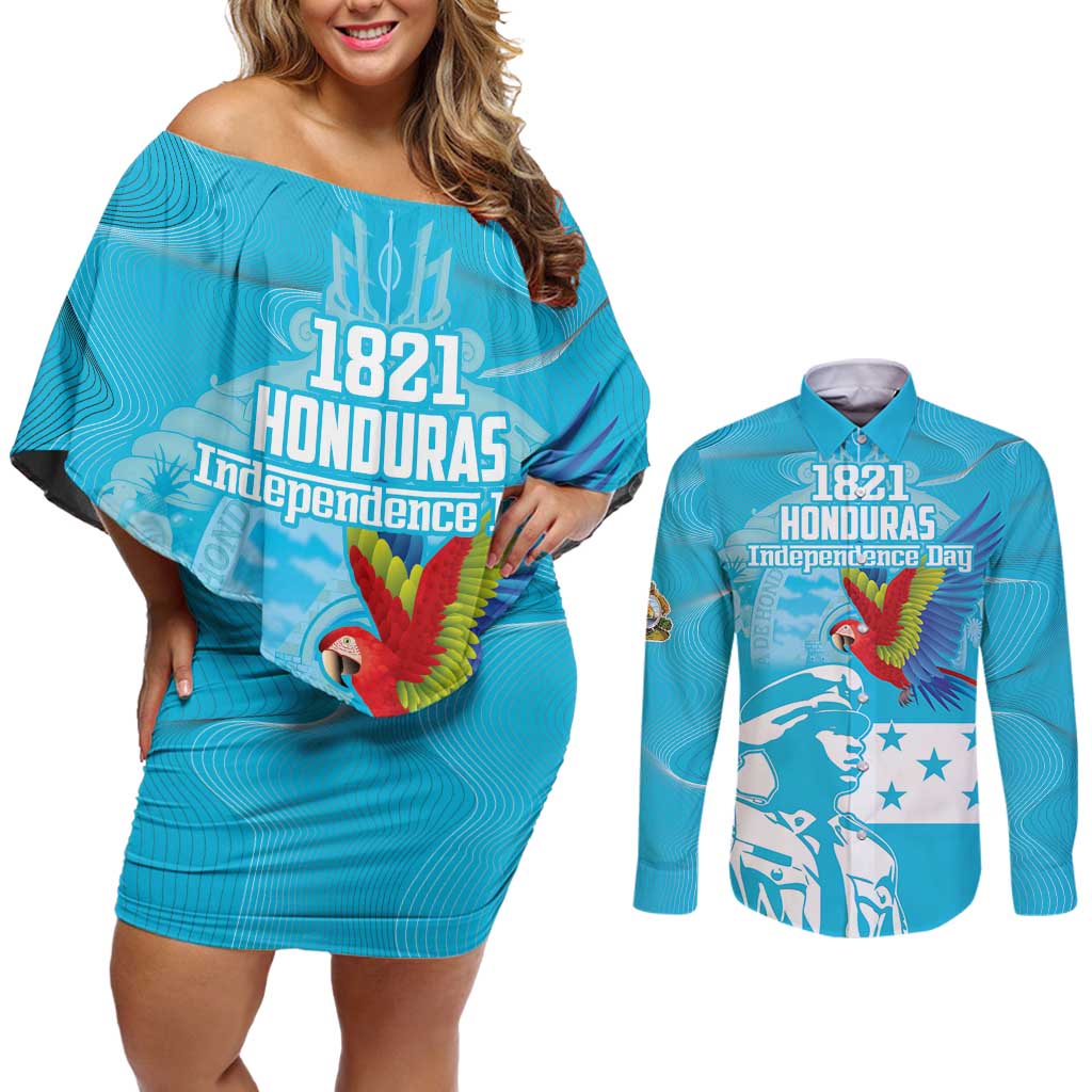 Personalized Honduras Scarlet Macaw Couples Matching Off Shoulder Short Dress and Long Sleeve Button Shirt Happy Independence Day 1821 - Wonder Print Shop