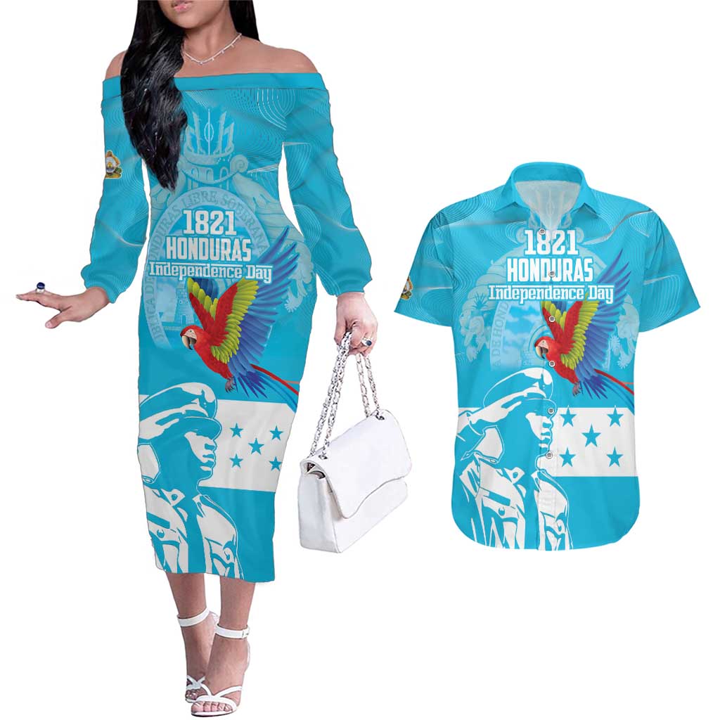 Personalized Honduras Scarlet Macaw Couples Matching Off The Shoulder Long Sleeve Dress and Hawaiian Shirt Happy Independence Day 1821 - Wonder Print Shop