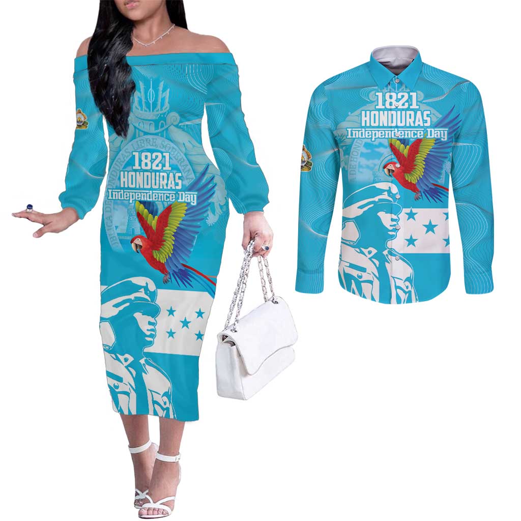 Personalized Honduras Scarlet Macaw Couples Matching Off The Shoulder Long Sleeve Dress and Long Sleeve Button Shirt Happy Independence Day 1821