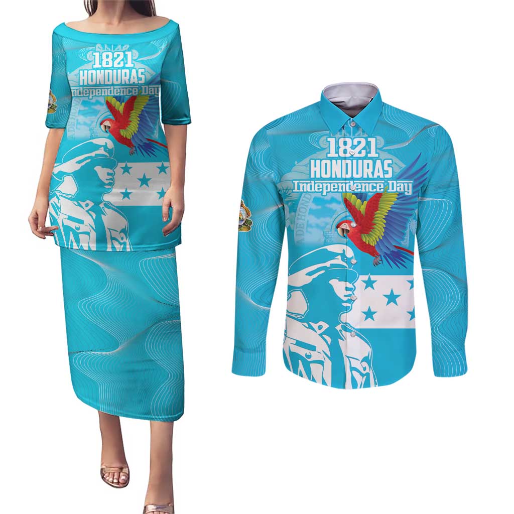 Personalized Honduras Scarlet Macaw Couples Matching Puletasi and Long Sleeve Button Shirt Happy Independence Day 1821 - Wonder Print Shop