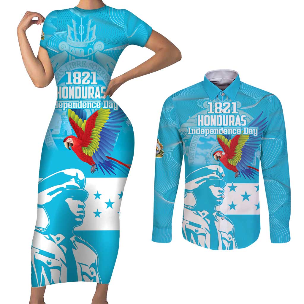 Personalized Honduras Scarlet Macaw Couples Matching Short Sleeve Bodycon Dress and Long Sleeve Button Shirt Happy Independence Day 1821 - Wonder Print Shop