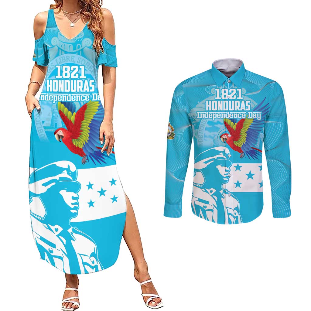 Personalized Honduras Scarlet Macaw Couples Matching Summer Maxi Dress and Long Sleeve Button Shirt Happy Independence Day 1821 - Wonder Print Shop
