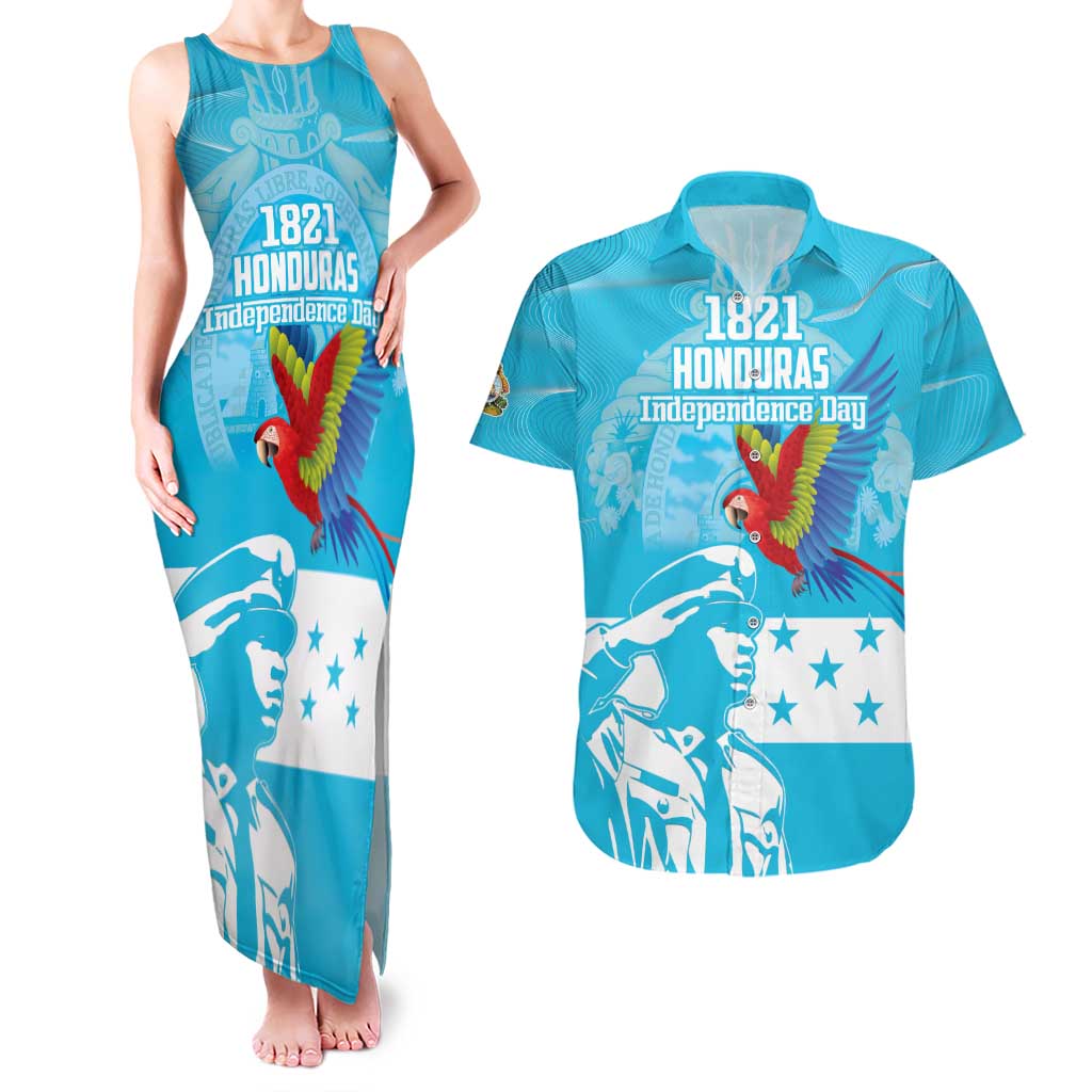 Personalized Honduras Scarlet Macaw Couples Matching Tank Maxi Dress and Hawaiian Shirt Happy Independence Day 1821 - Wonder Print Shop