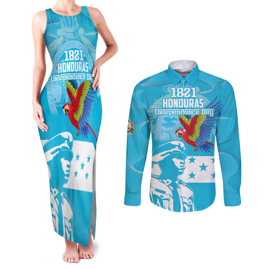 Personalized Honduras Scarlet Macaw Couples Matching Tank Maxi Dress and Long Sleeve Button Shirt Happy Independence Day 1821 - Wonder Print Shop