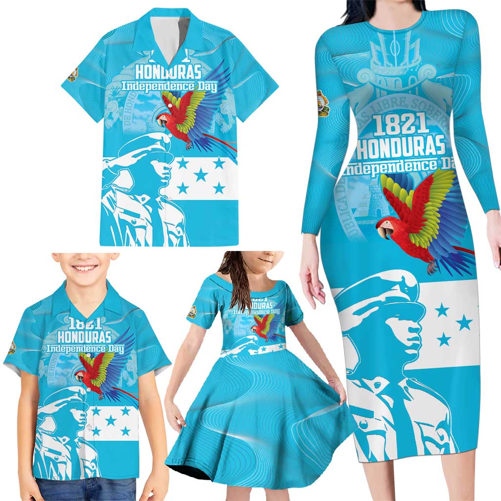 Personalized Honduras Scarlet Macaw Family Matching Long Sleeve Bodycon Dress and Hawaiian Shirt Happy Independence Day 1821 - Wonder Print Shop