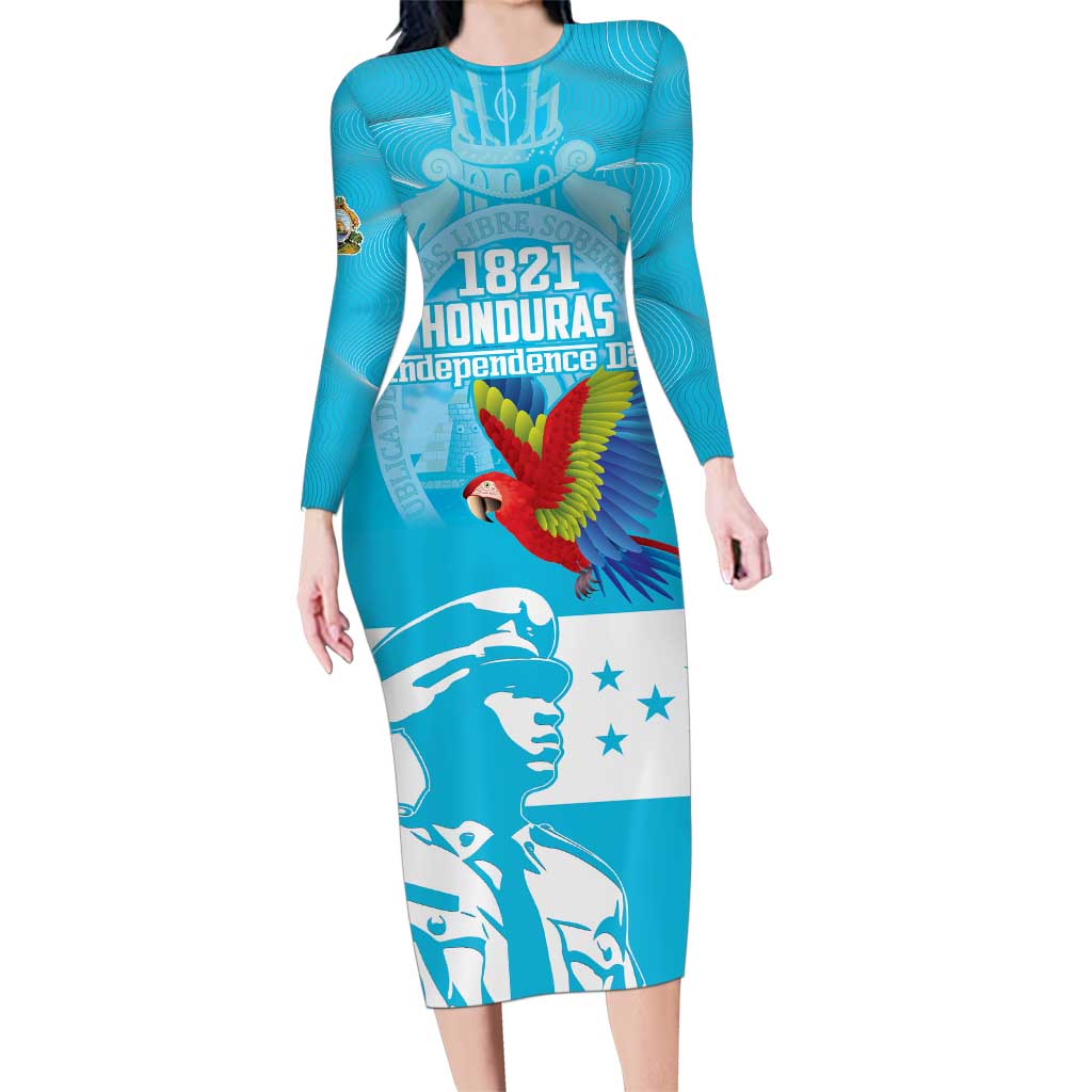 Personalized Honduras Scarlet Macaw Family Matching Long Sleeve Bodycon Dress and Hawaiian Shirt Happy Independence Day 1821 - Wonder Print Shop