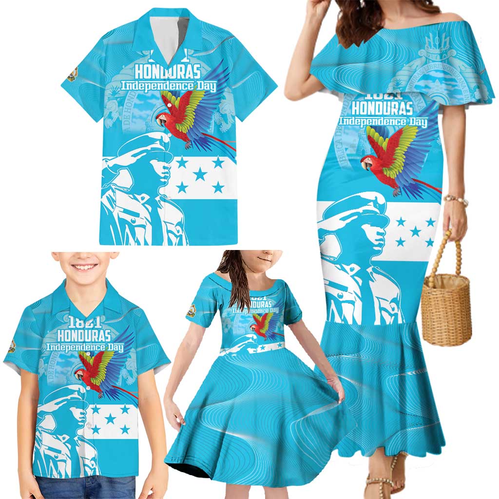 Personalized Honduras Scarlet Macaw Family Matching Mermaid Dress and Hawaiian Shirt Happy Independence Day 1821 - Wonder Print Shop