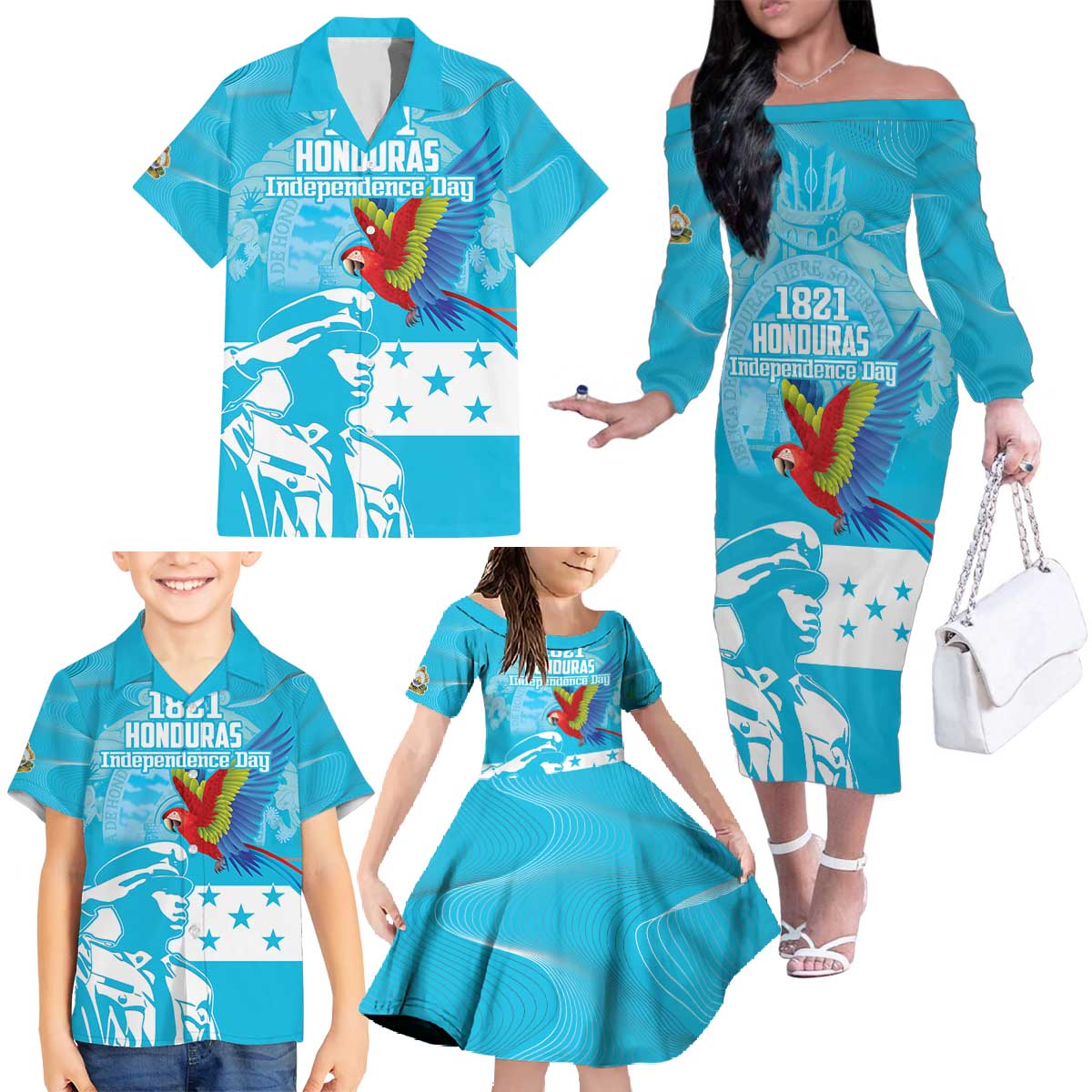 Personalized Honduras Scarlet Macaw Family Matching Off The Shoulder Long Sleeve Dress and Hawaiian Shirt Happy Independence Day 1821 - Wonder Print Shop