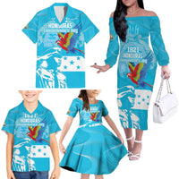Personalized Honduras Scarlet Macaw Family Matching Off The Shoulder Long Sleeve Dress and Hawaiian Shirt Happy Independence Day 1821 - Wonder Print Shop
