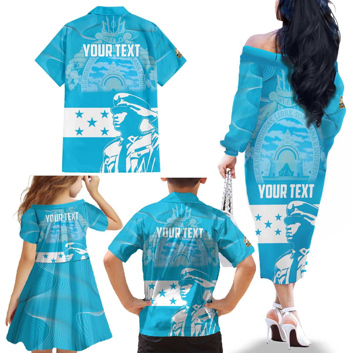 Personalized Honduras Scarlet Macaw Family Matching Off The Shoulder Long Sleeve Dress and Hawaiian Shirt Happy Independence Day 1821 - Wonder Print Shop