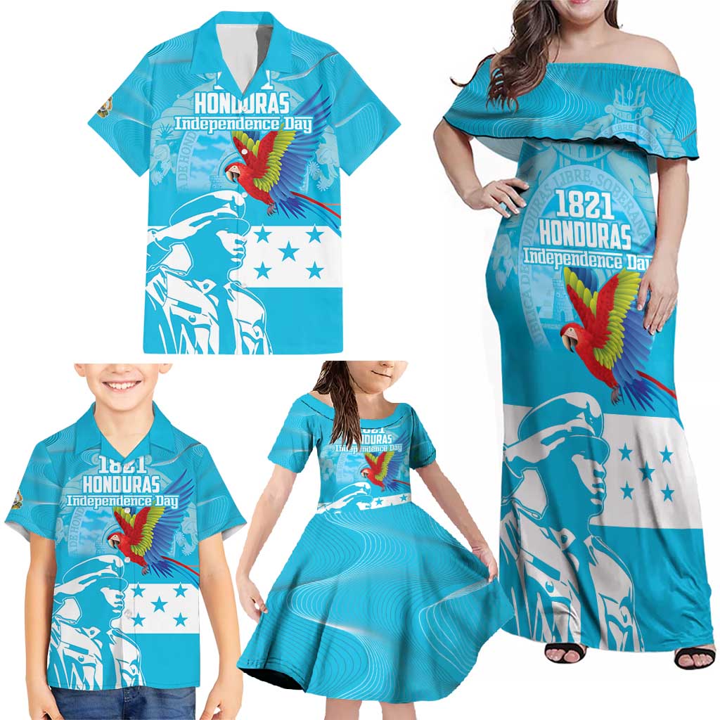 Personalized Honduras Scarlet Macaw Family Matching Off Shoulder Maxi Dress and Hawaiian Shirt Happy Independence Day 1821 - Wonder Print Shop