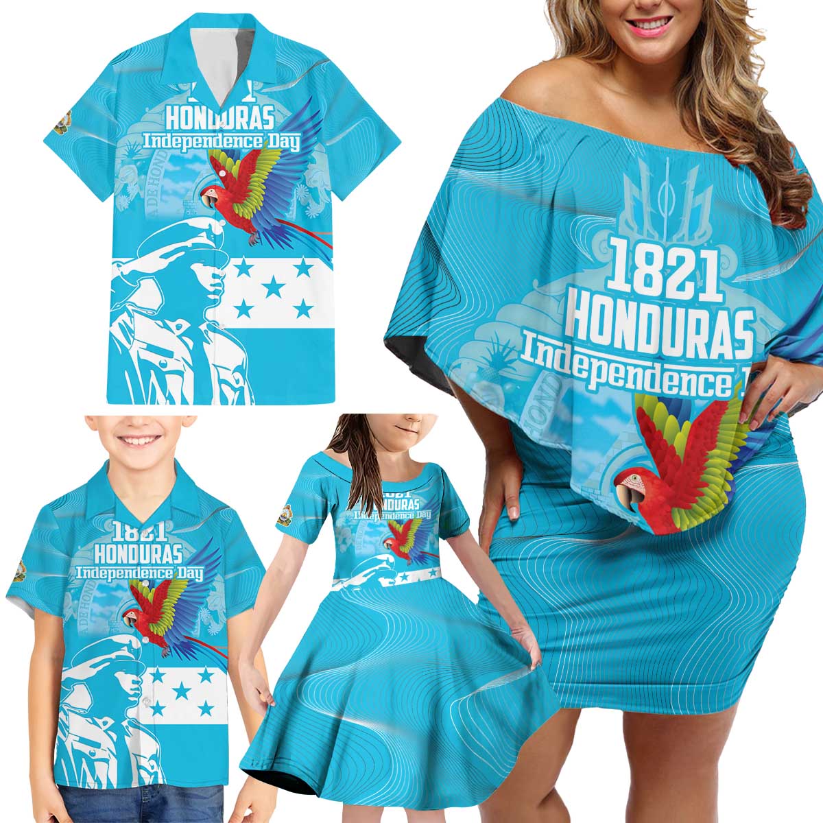 Personalized Honduras Scarlet Macaw Family Matching Off Shoulder Short Dress and Hawaiian Shirt Happy Independence Day 1821 - Wonder Print Shop
