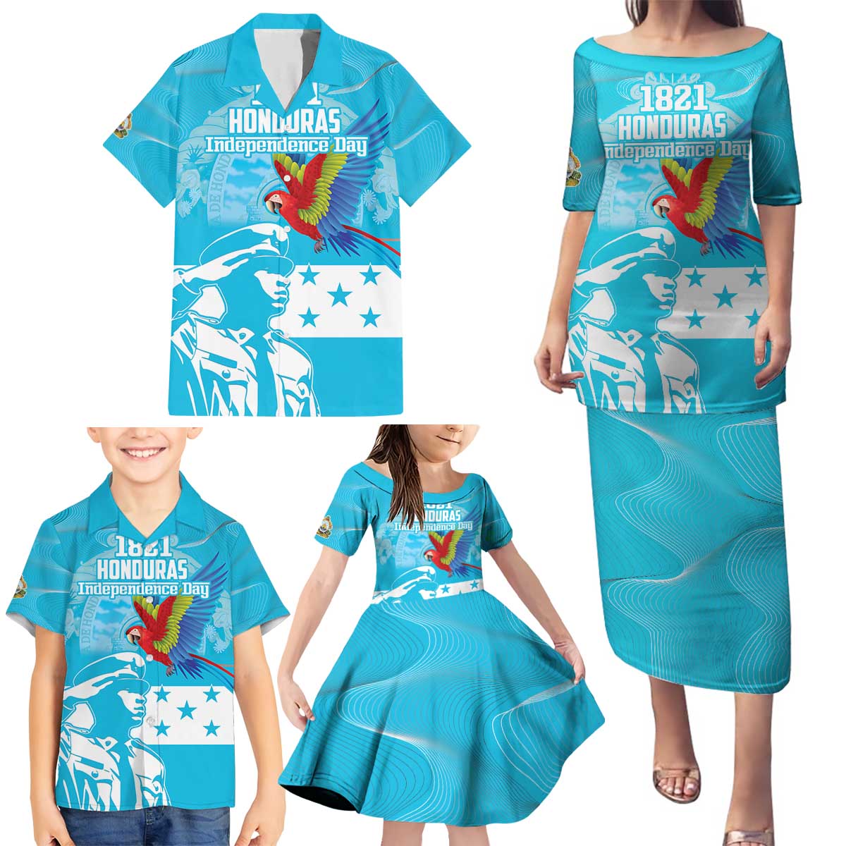 Personalized Honduras Scarlet Macaw Family Matching Puletasi and Hawaiian Shirt Happy Independence Day 1821 - Wonder Print Shop