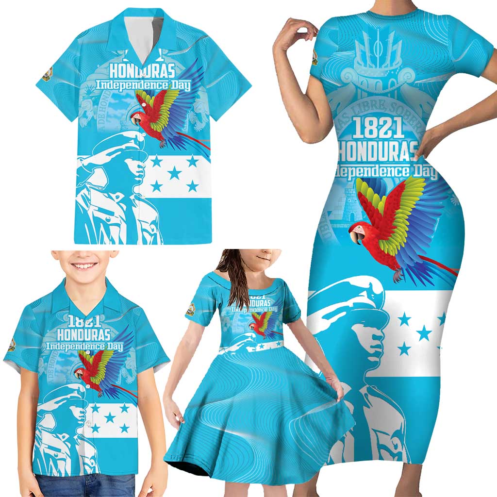 Personalized Honduras Scarlet Macaw Family Matching Short Sleeve Bodycon Dress and Hawaiian Shirt Happy Independence Day 1821 - Wonder Print Shop