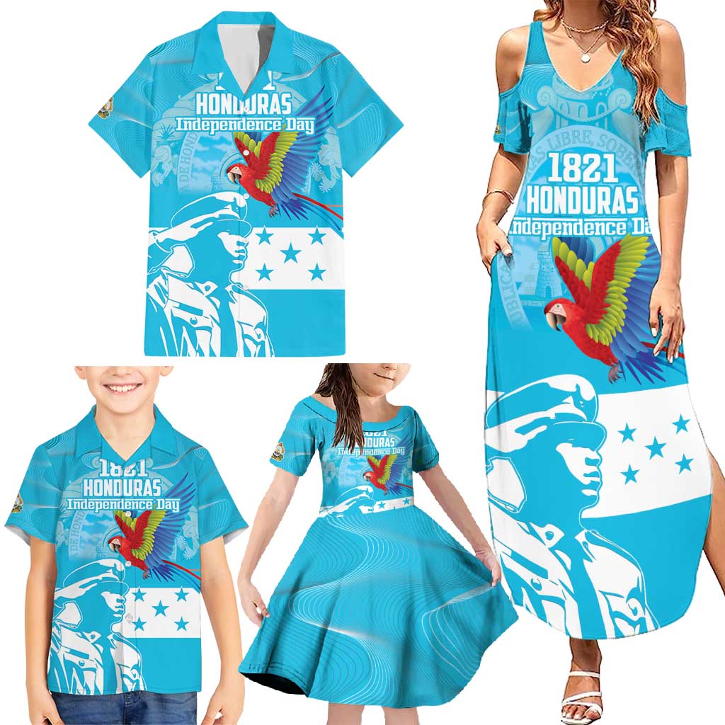 Personalized Honduras Scarlet Macaw Family Matching Summer Maxi Dress and Hawaiian Shirt Happy Independence Day 1821 - Wonder Print Shop