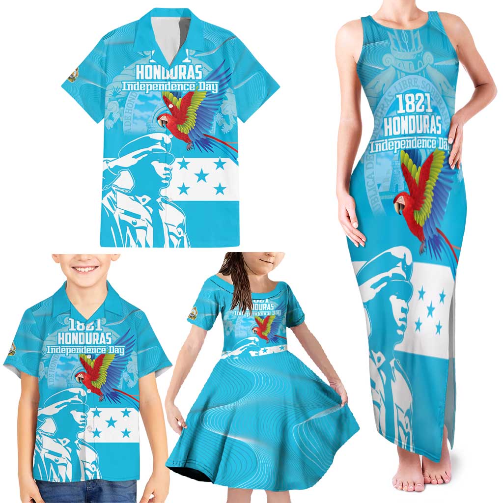 Personalized Honduras Scarlet Macaw Family Matching Tank Maxi Dress and Hawaiian Shirt Happy Independence Day 1821 - Wonder Print Shop