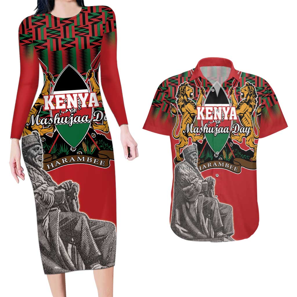 Personalized Kenya Mashujaa Day Couples Matching Long Sleeve Bodycon Dress and Hawaiian Shirt Mzee Jomo Kenyatta With Coat Of Arms - Wonder Print Shop