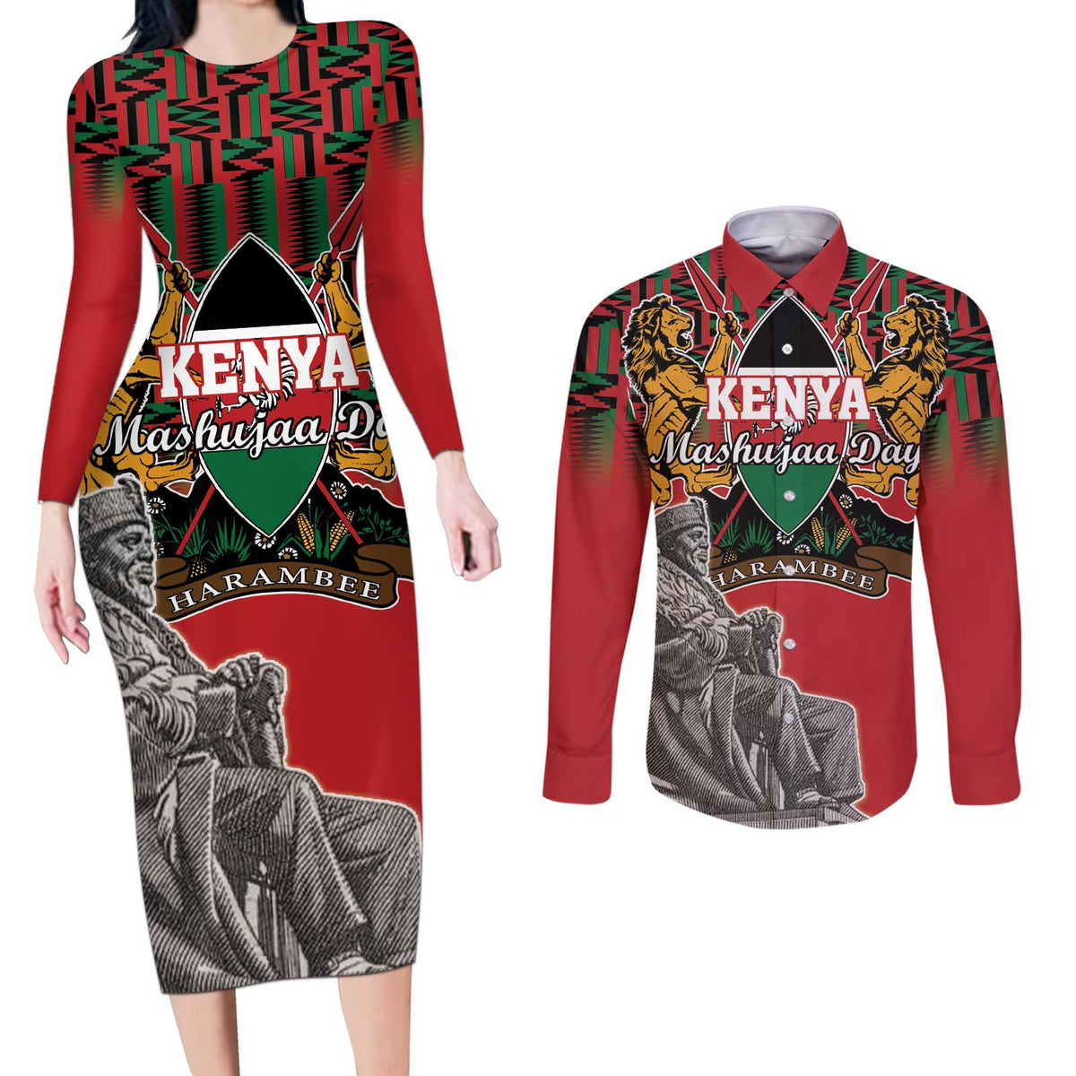 Personalized Kenya Mashujaa Day Couples Matching Long Sleeve Bodycon Dress and Long Sleeve Button Shirt Mzee Jomo Kenyatta With Coat Of Arms - Wonder Print Shop
