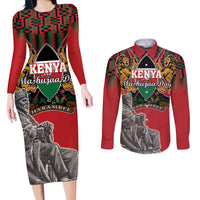 Personalized Kenya Mashujaa Day Couples Matching Long Sleeve Bodycon Dress and Long Sleeve Button Shirt Mzee Jomo Kenyatta With Coat Of Arms - Wonder Print Shop