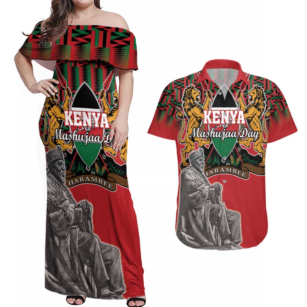 Personalized Kenya Mashujaa Day Couples Matching Off Shoulder Maxi Dress and Hawaiian Shirt Mzee Jomo Kenyatta With Coat Of Arms - Wonder Print Shop
