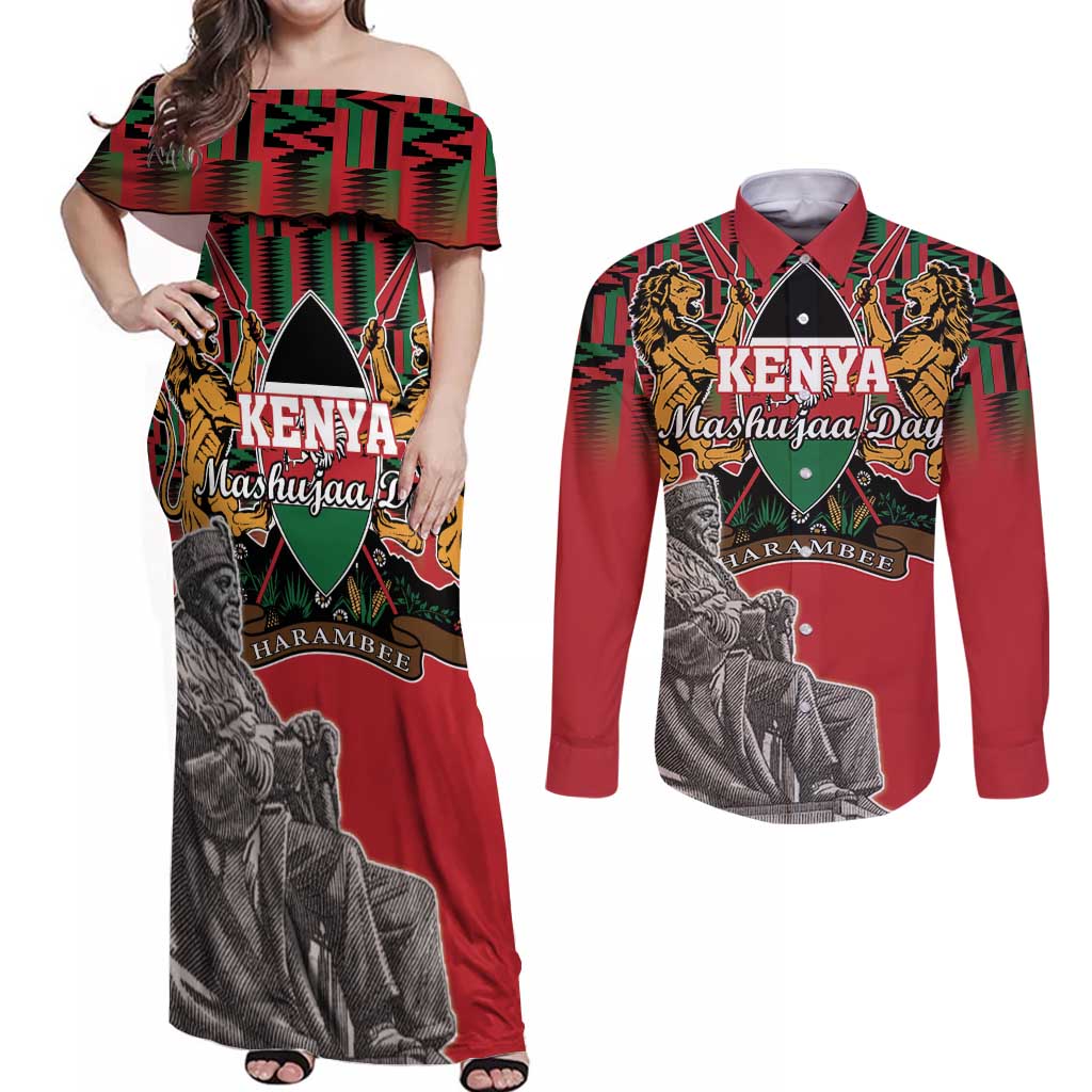 Personalized Kenya Mashujaa Day Couples Matching Off Shoulder Maxi Dress and Long Sleeve Button Shirt Mzee Jomo Kenyatta With Coat Of Arms - Wonder Print Shop