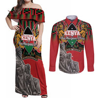Personalized Kenya Mashujaa Day Couples Matching Off Shoulder Maxi Dress and Long Sleeve Button Shirt Mzee Jomo Kenyatta With Coat Of Arms - Wonder Print Shop