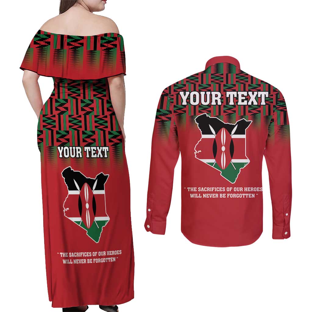 Personalized Kenya Mashujaa Day Couples Matching Off Shoulder Maxi Dress and Long Sleeve Button Shirt Mzee Jomo Kenyatta With Coat Of Arms - Wonder Print Shop