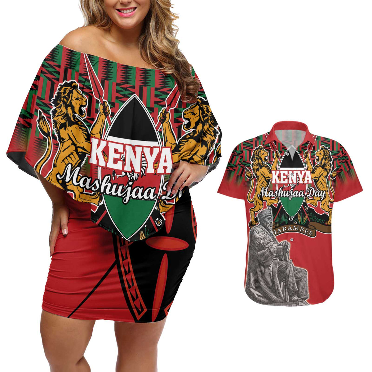 Personalized Kenya Mashujaa Day Couples Matching Off Shoulder Short Dress and Hawaiian Shirt Mzee Jomo Kenyatta With Coat Of Arms - Wonder Print Shop