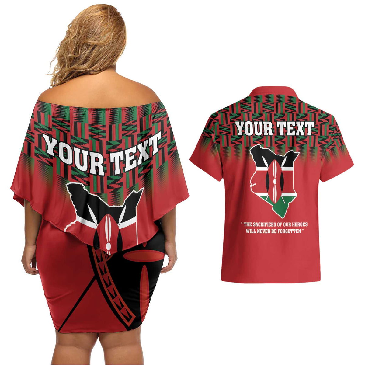 Personalized Kenya Mashujaa Day Couples Matching Off Shoulder Short Dress and Hawaiian Shirt Mzee Jomo Kenyatta With Coat Of Arms - Wonder Print Shop