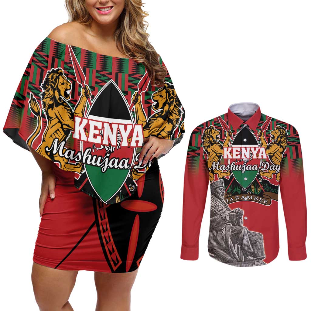 Personalized Kenya Mashujaa Day Couples Matching Off Shoulder Short Dress and Long Sleeve Button Shirt Mzee Jomo Kenyatta With Coat Of Arms - Wonder Print Shop