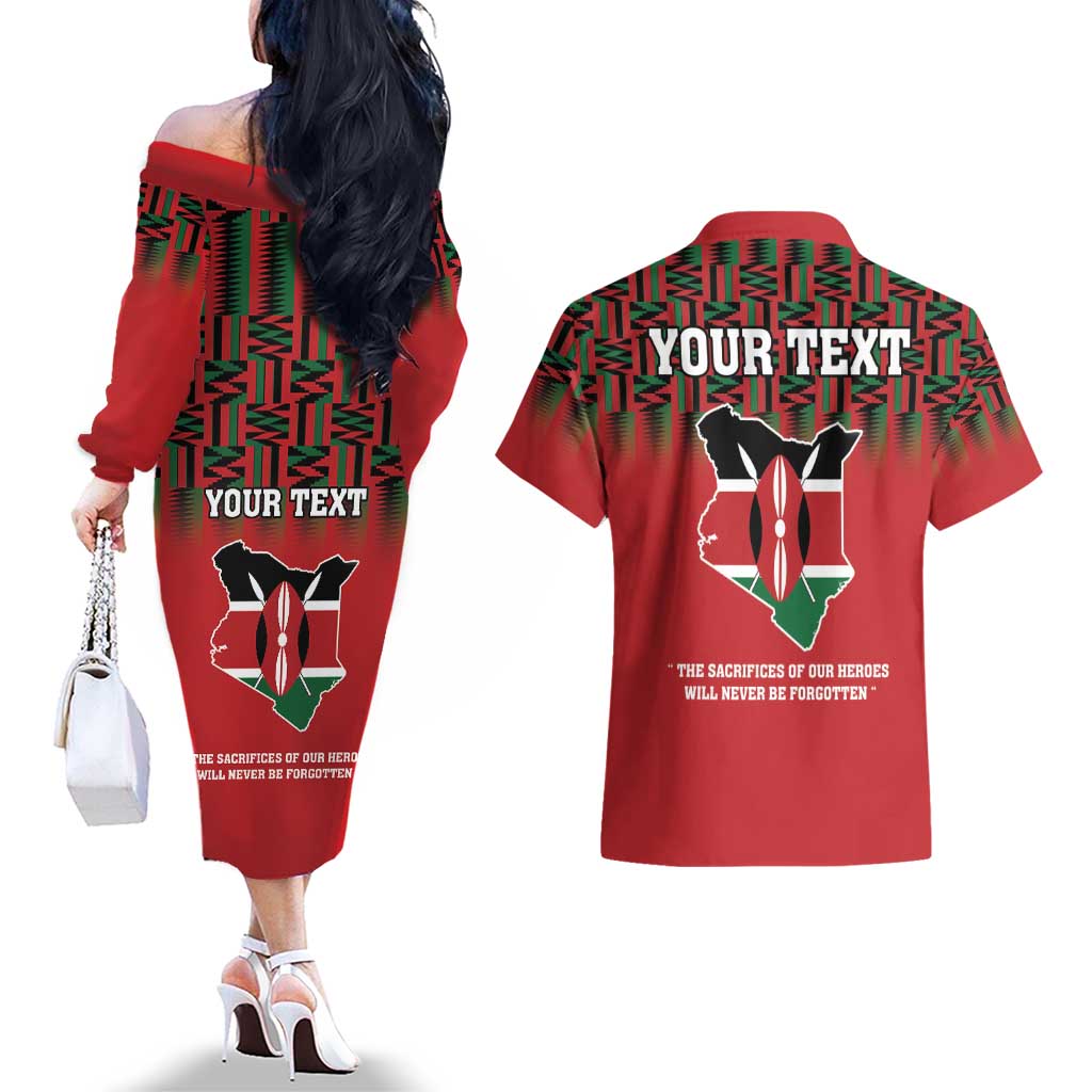Personalized Kenya Mashujaa Day Couples Matching Off The Shoulder Long Sleeve Dress and Hawaiian Shirt Mzee Jomo Kenyatta With Coat Of Arms - Wonder Print Shop