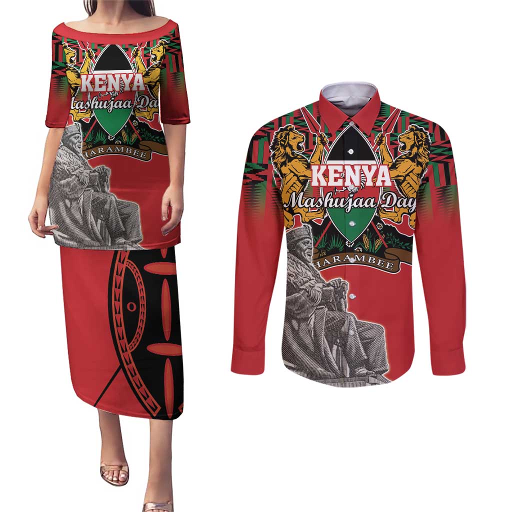 Personalized Kenya Mashujaa Day Couples Matching Puletasi and Long Sleeve Button Shirt Mzee Jomo Kenyatta With Coat Of Arms - Wonder Print Shop