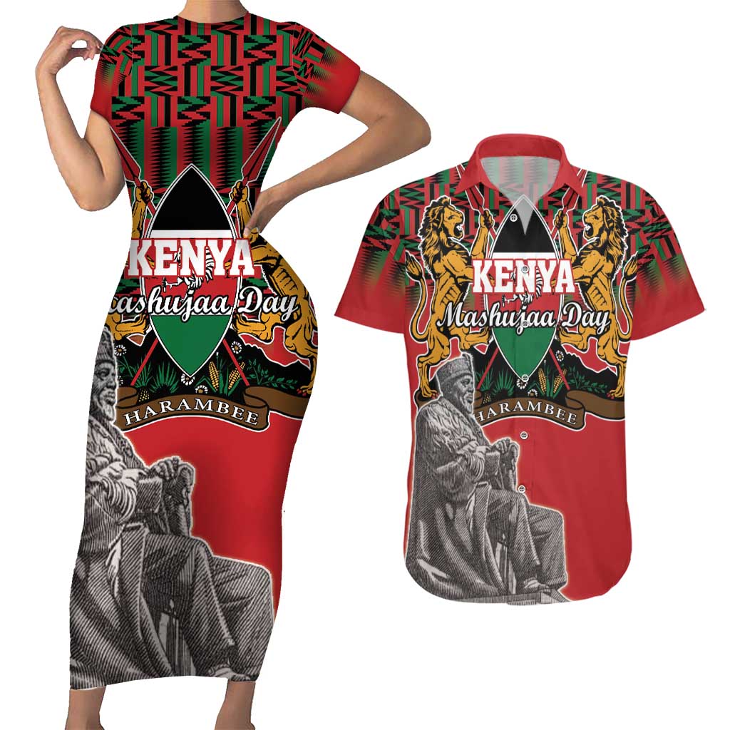 Personalized Kenya Mashujaa Day Couples Matching Short Sleeve Bodycon Dress and Hawaiian Shirt Mzee Jomo Kenyatta With Coat Of Arms - Wonder Print Shop