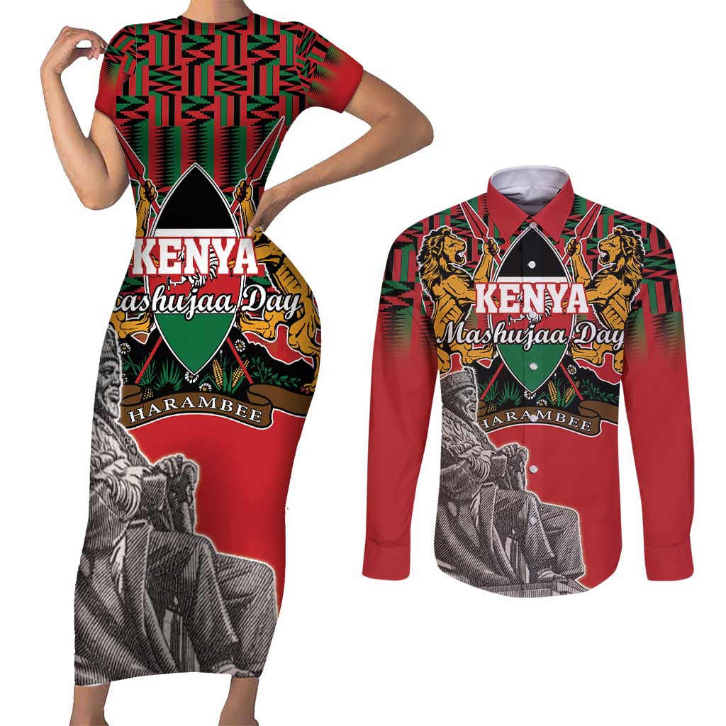 Personalized Kenya Mashujaa Day Couples Matching Short Sleeve Bodycon Dress and Long Sleeve Button Shirt Mzee Jomo Kenyatta With Coat Of Arms - Wonder Print Shop
