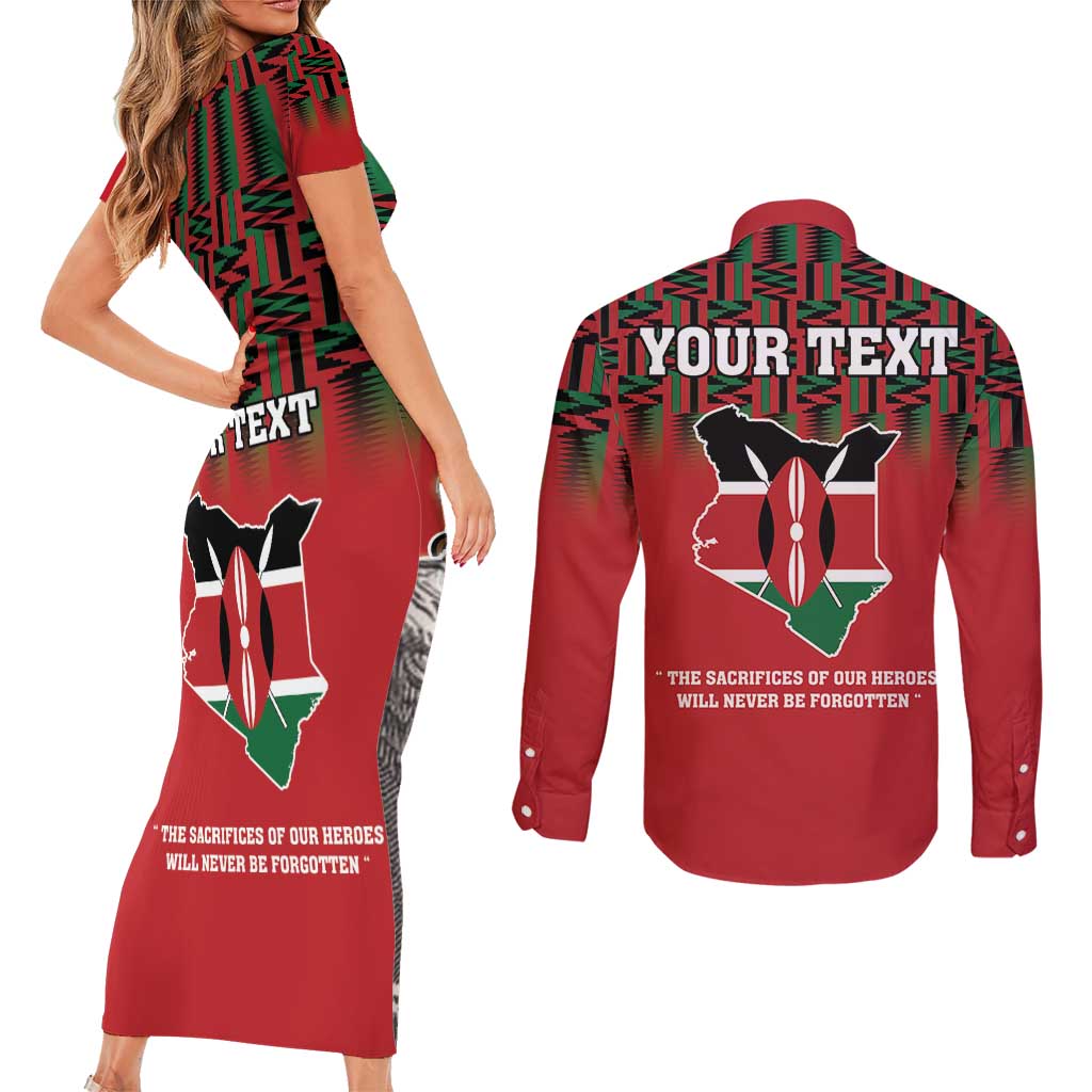 Personalized Kenya Mashujaa Day Couples Matching Short Sleeve Bodycon Dress and Long Sleeve Button Shirt Mzee Jomo Kenyatta With Coat Of Arms - Wonder Print Shop