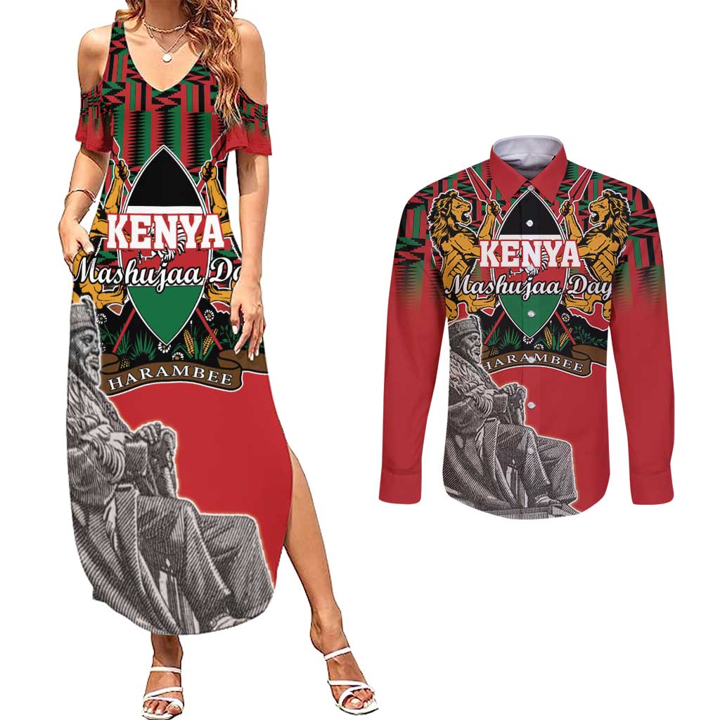 Personalized Kenya Mashujaa Day Couples Matching Summer Maxi Dress and Long Sleeve Button Shirt Mzee Jomo Kenyatta With Coat Of Arms - Wonder Print Shop