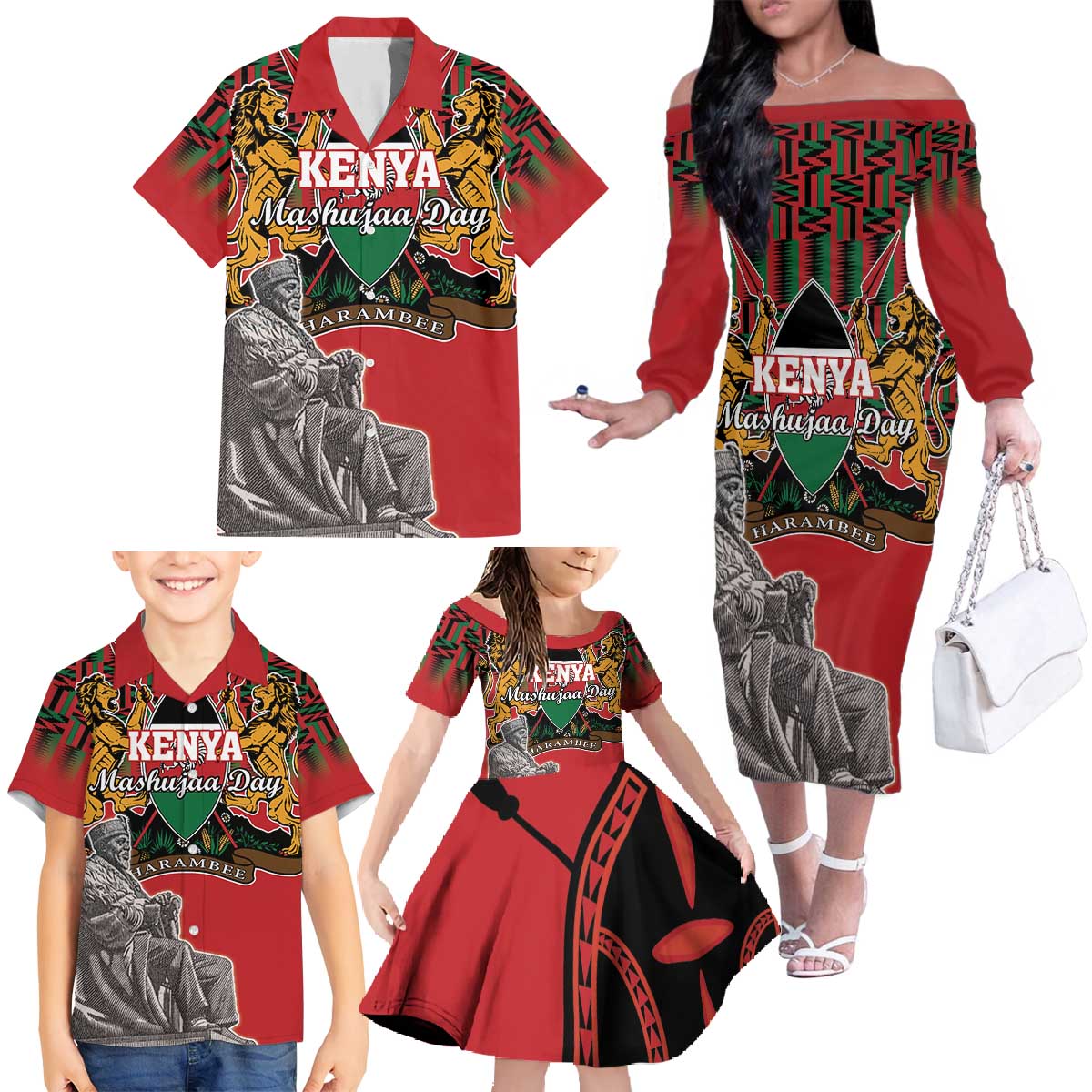 Personalized Kenya Mashujaa Day Family Matching Off The Shoulder Long Sleeve Dress and Hawaiian Shirt Mzee Jomo Kenyatta With Coat Of Arms - Wonder Print Shop